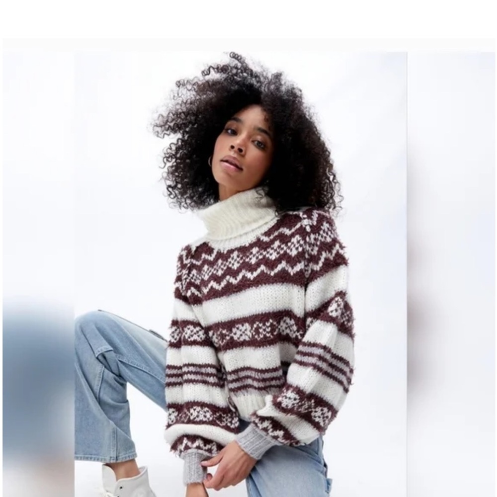 Free People Cream and Brown Patterned Cowl Sweater